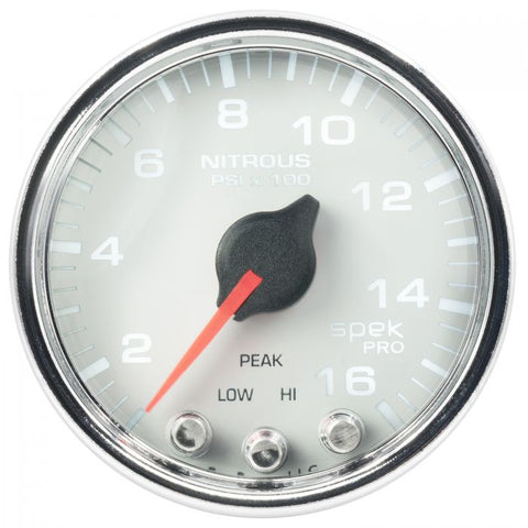 GAUGE, NITROUS PRESS, 2 1/16in, 1600PSI, STEPPER MOTOR W/PK & WRN, WHT/CHRM, SPEK