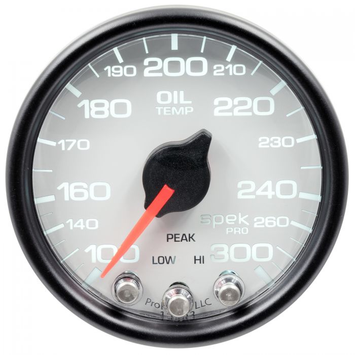 GAUGE, OIL TEMP, 2 1/16in, 300?F, STEPPER MOTOR W/PEAK & WARN, WHT/BLK, SPEK-PRO