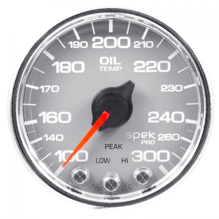 GAUGE, OIL TEMP, 2 1/16in, 300?F, STEPPER MOTOR W/PK & WRN, SLVR/CHRM, SPEK-PRO