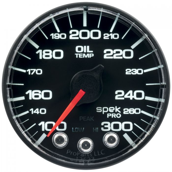 GAUGE, OIL TEMP, 2 1/16in, 300?F, STEPPER MTR W/PK & WRN, BK/BK, SPEK, NO O-RING