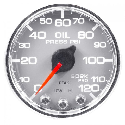 GAUGE, OIL PRESS, 2 1/16in, 120PSI, STEPPER MOTOR W/PEAK & WARN, SLVR/CHRM, SPEK