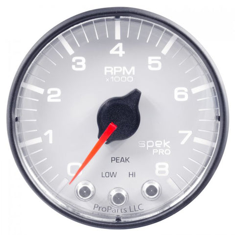 GAUGE, TACH, 2 1/16in, 8K RPM, W/ SHIFT LIGHT & PEAK MEM, SLVR/CHRM, SPEK-PRO