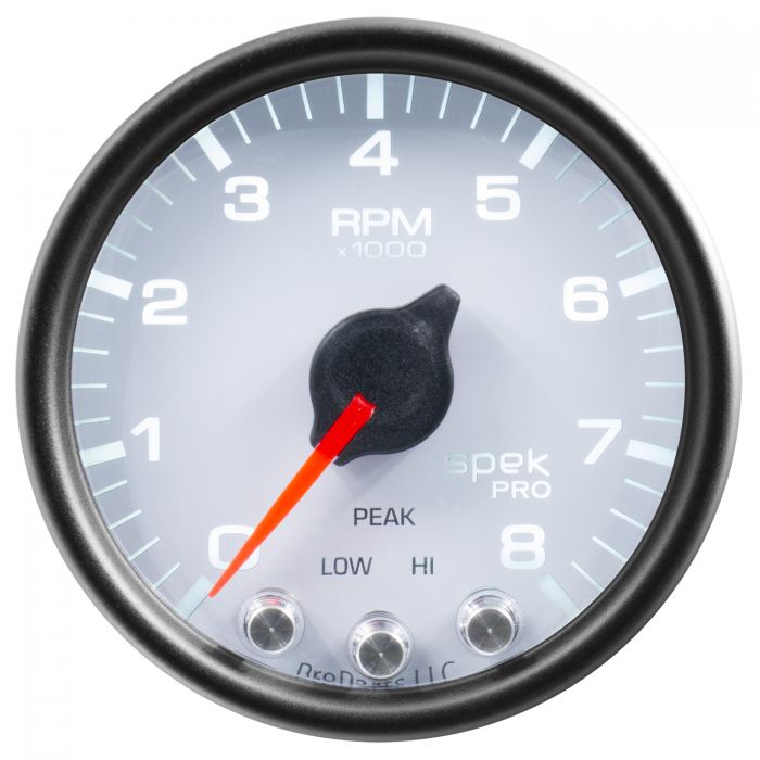 GAUGE, TACH, 2 1/16in, 8K RPM, W/ SHIFT LIGHT & PEAK MEM, WHT/BLK, SPEK-PRO