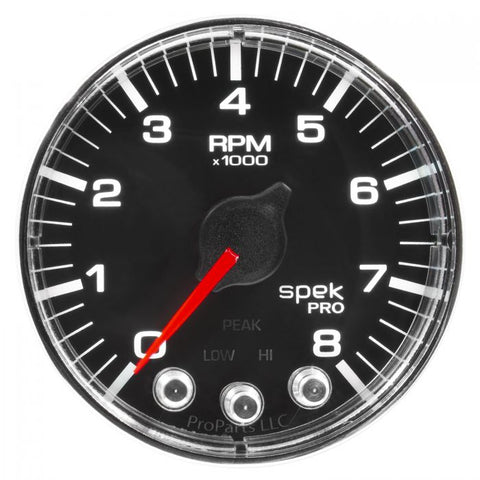 GAUGE, TACH, 2 1/16in, 8K RPM, W/ SHIFT LIGHT & PEAK MEM, BLK/CHRM, SPEK-PRO