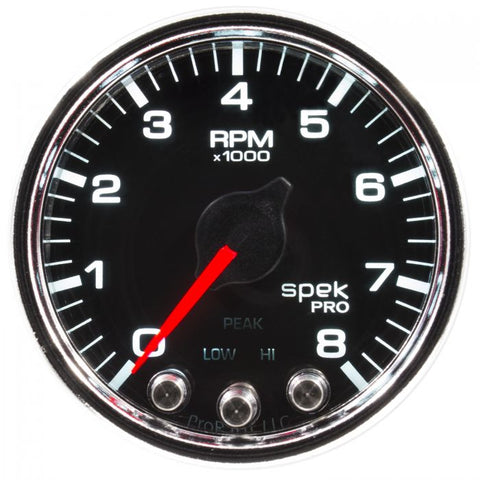 GAUGE, TACH, 2 1/16in, 8K RPM, W/ SHIFT LIGHT & PEAK MEM, BLK/CHRM, SPEK-PRO