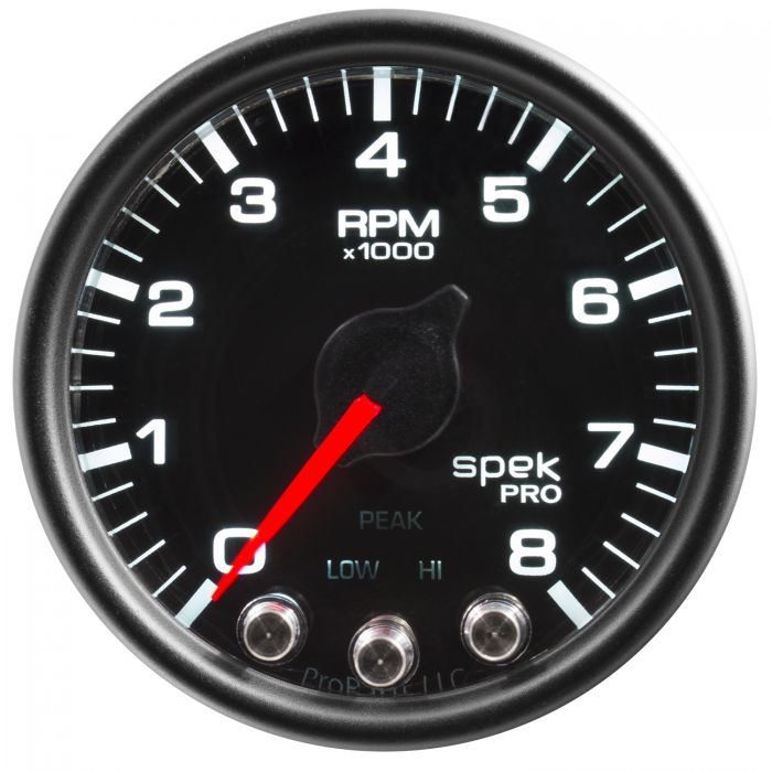 GAUGE, TACH, 2 1/16in, 8K RPM, W/ SHIFT LIGHT & PEAK MEM, BLK/BLK, SPEK-PRO