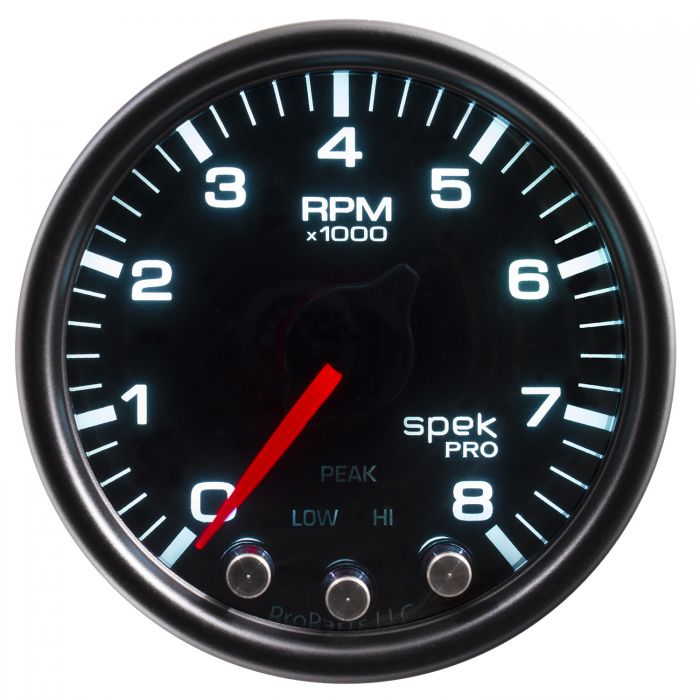 GAUGE, TACH, 2 1/16in, 8K RPM, W/ SHIFT LIGHT & PEAK MEM, BLK/SMOKE/BLK, SPEK-PRO