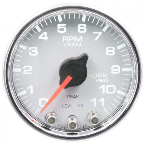 GAUGE, TACH, 2 1/16in, 11K RPM, W/ SHIFT LIGHT & PEAK MEM, WHT/CHRM, SPEK-PRO