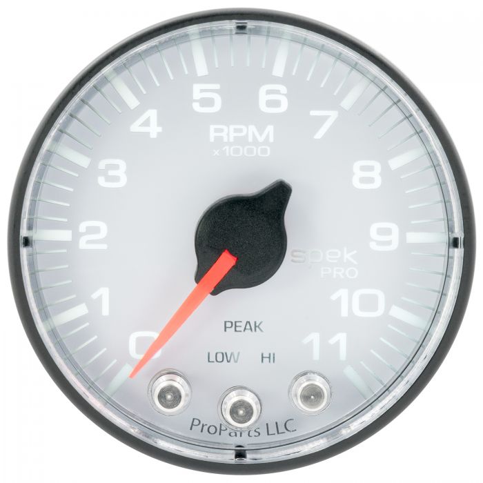 GAUGE, TACH, 2 1/16in, 11K RPM, W/ SHIFT LIGHT & PEAK MEM, WHT/BLK, SPEK-PRO