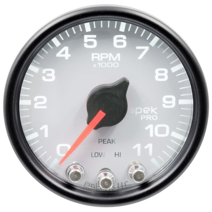 GAUGE, TACH, 2 1/16in, 11K RPM, W/ SHIFT LIGHT & PEAK MEM, WHT/BLK, SPEK-PRO