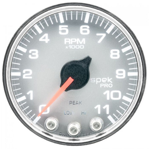 GAUGE, TACH, 2 1/16in, 11K RPM, W/ SHIFT LIGHT & PEAK MEM, SLVR/CHRM, SPEK-PRO