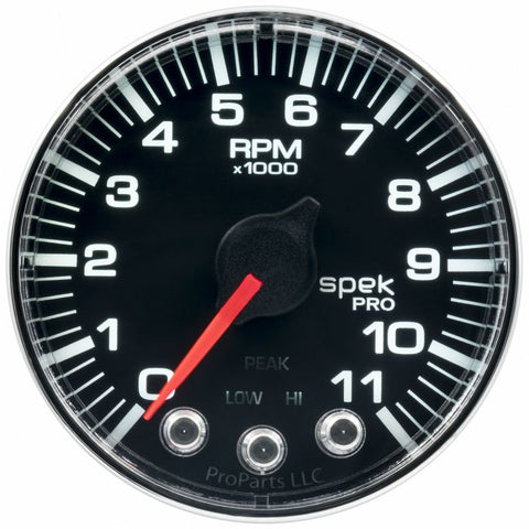 Gauge, Tach, 2 1/16in, 11K RPM, W/ Shift Light & Peak Mem, Blk/Chrm, Spek-Pro