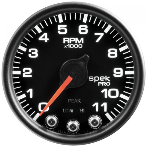 GAUGE, TACH, 2 1/16in, 11K RPM, W/ SHIFT LIGHT & PEAK MEM, BLK/BLK, SPEK-PRO