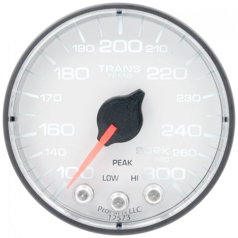 GAUGE, TRANS TEMP, 2 1/16in, 300?F, STEPPER MOTOR W/PK & WRN, WHT/BLK, SPEK-PRO