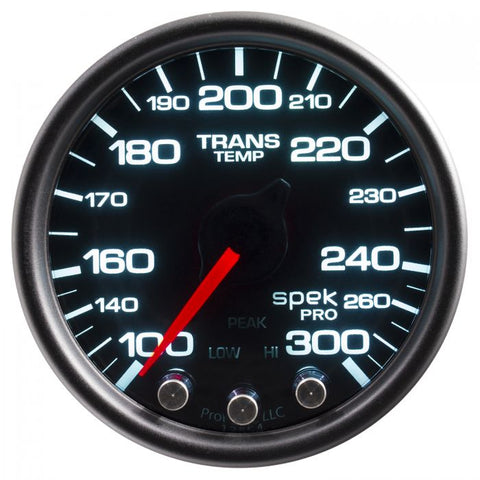 GAUGE, TRANS TEMP, 2 1/16in, 300?F, STPR MTR W/PK & WRN, BLK/SMOKE/BLK, SPEK-PRO