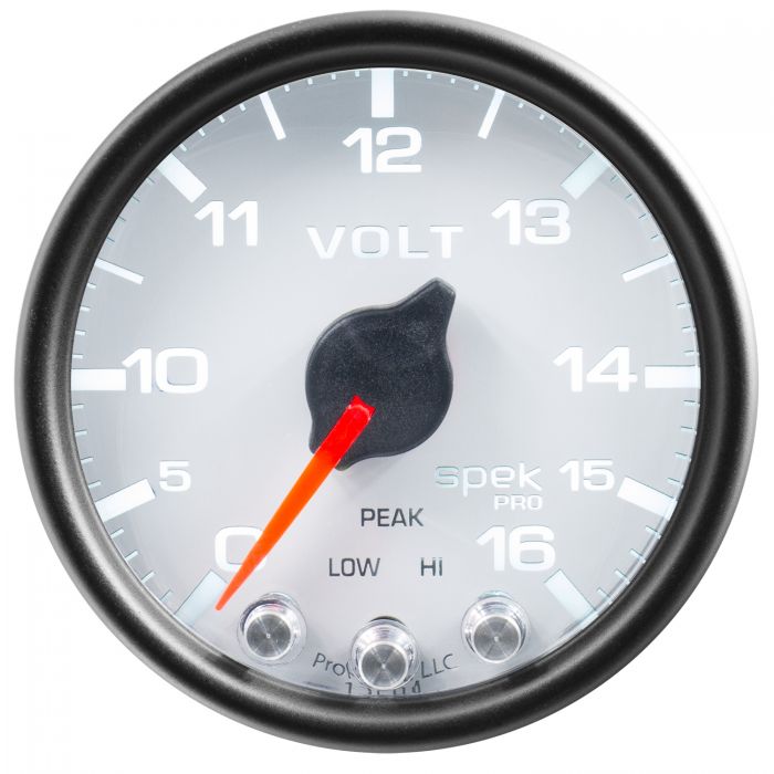 GAUGE, VOLTMETER, 2 1/16in, 16V, STEPPER MOTOR W/PEAK & WARN, WHT/BLK, SPEK-PRO