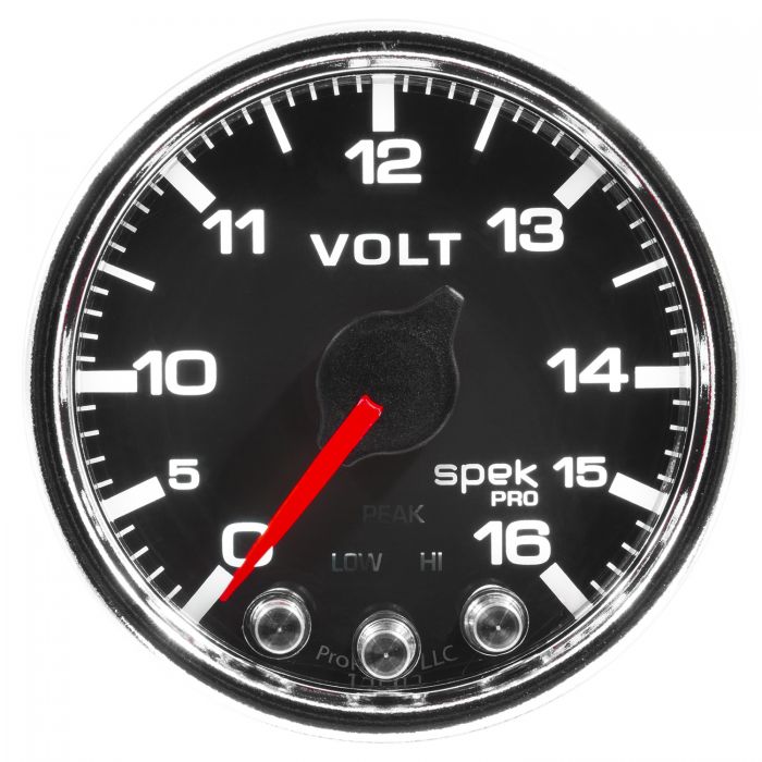 GAUGE, VOLTMETER, 2 1/16in, 16V, STEPPER MOTOR W/PEAK & WARN, BLK/CHRM, SPEK-PRO