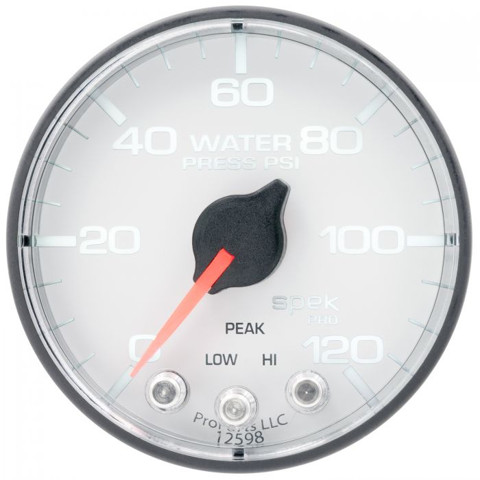 GAUGE, WATER PRESS, 2 1/16in, 120PSI, STEPPER MOTOR W/PEAK & WARN, WHT/BLK, SPEK