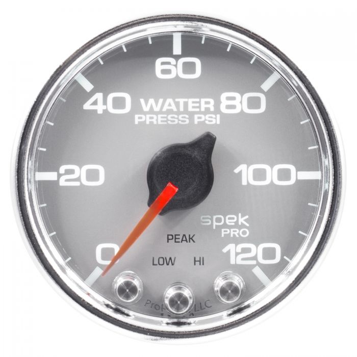 GAUGE, WATER PRESS, 2 1/16in, 120PSI, STEPPER MOTOR W/PEAK & WRN, SLVR/CHRM, SPEK