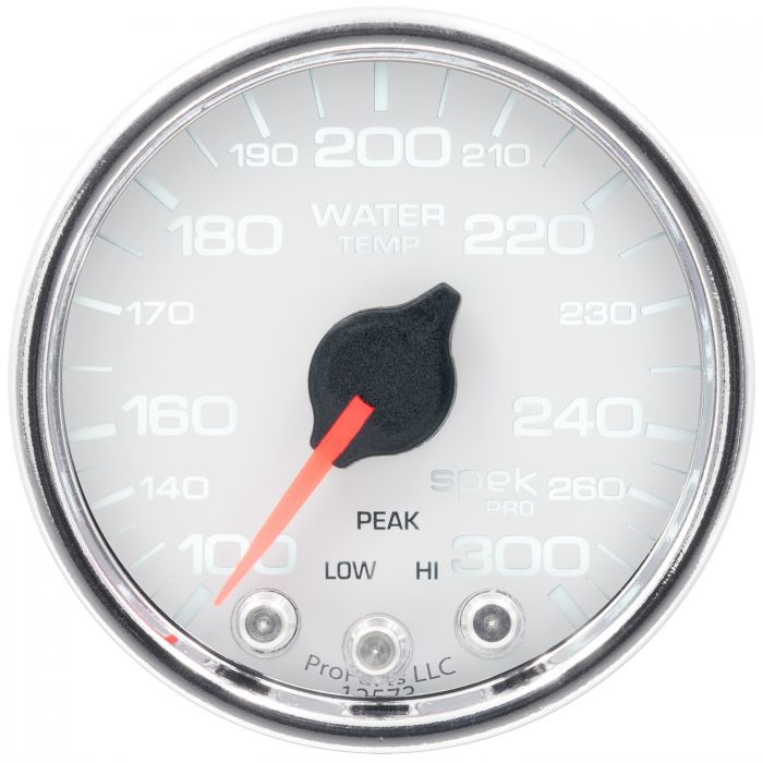 GAUGE, WATER TEMP, 2 1/16in, 300?F, STEPPER MOTOR W/PEAK & WARN, WHT/CHRM, SPEK