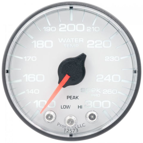 GAUGE, WATER TEMP, 2 1/16in, 300?F, STEPPER MOTOR W/PEAK & WARN, WHT/BLK, SPEK