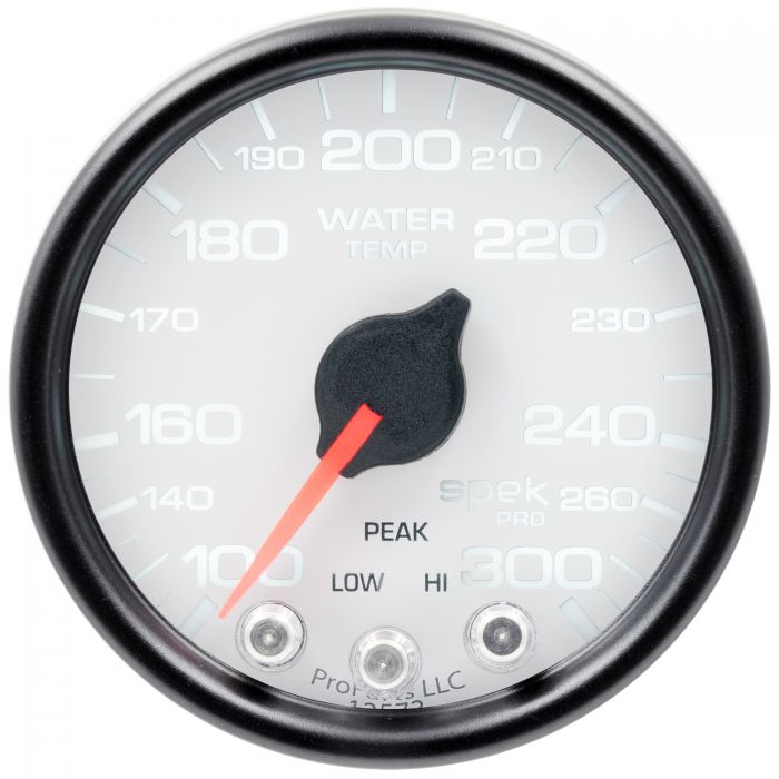 GAUGE, WATER TEMP, 2 1/16in, 300?F, STEPPER MOTOR W/PEAK & WARN, WHT/BLK, SPEK