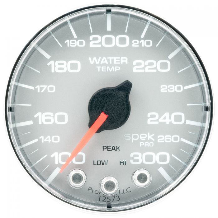 GAUGE, WATER TEMP, 2 1/16in, 300?F, STEPPER MOTOR W/PEAK & WARN, SLVR/CHRM, SPEK