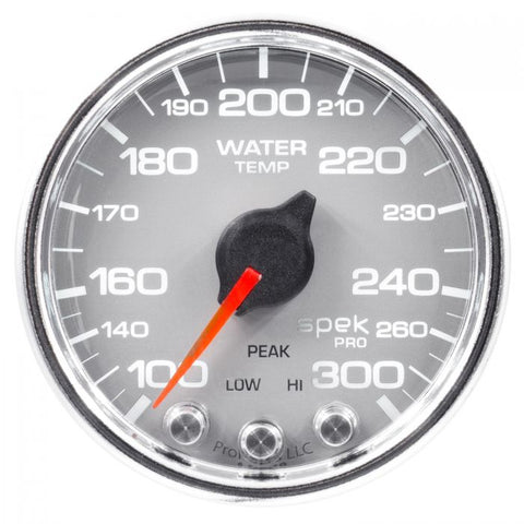 GAUGE, WATER TEMP, 2 1/16in, 300?F, STEPPER MOTOR W/PEAK & WARN, SLVR/CHRM, SPEK