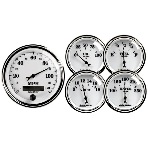 GAUGE KIT, 5 PC., 3 3/8in & 2 1/16in, ELEC. SPEEDOMETER, OLD TYME WHITE II