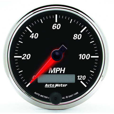 GAUGE, SPEEDOMETER, 3 3/8in, 120MPH, ELEC. PROG. W/ LCD ODO, DESIGNER BLK II
