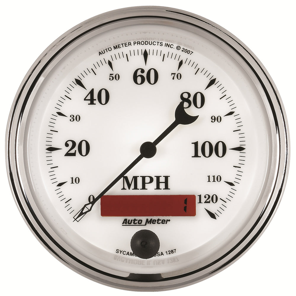 GAUGE, SPEEDOMETER, 3 3/8in, 120MPH, ELEC. PROG. W/ LCD ODO, OLD TYME WHT II