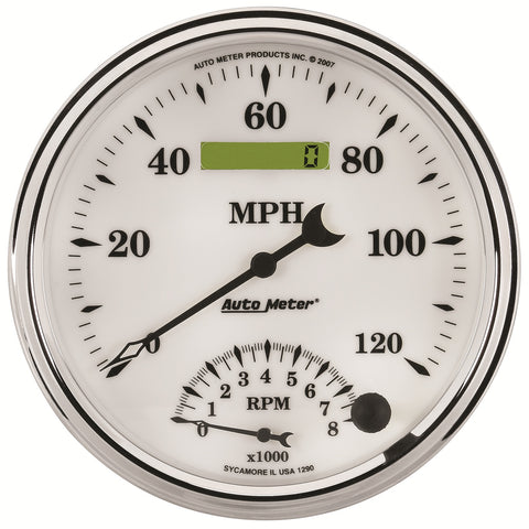 GAUGE, TACH/SPEEDO, 5in, 120MPH & 8K RPM, ELEC. PROGRAM, OLD TYME WHITE II