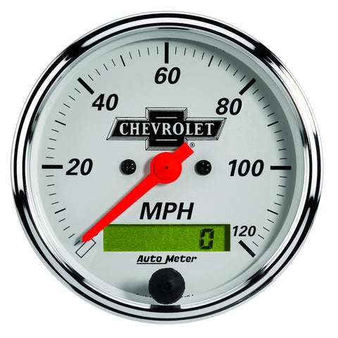 GAUGE, SPEEDO, 3 1/8in, 120MPH, ELEC PROG W/ LCD ODO, CHEVROLET HERITAGE BOWTIE