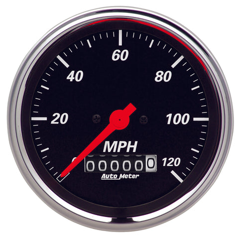 GAUGE, SPEEDOMETER, 3 3/8in, 120MPH, ELEC. PROG. W/ WHEEL ODO, DESIGNER BLACK