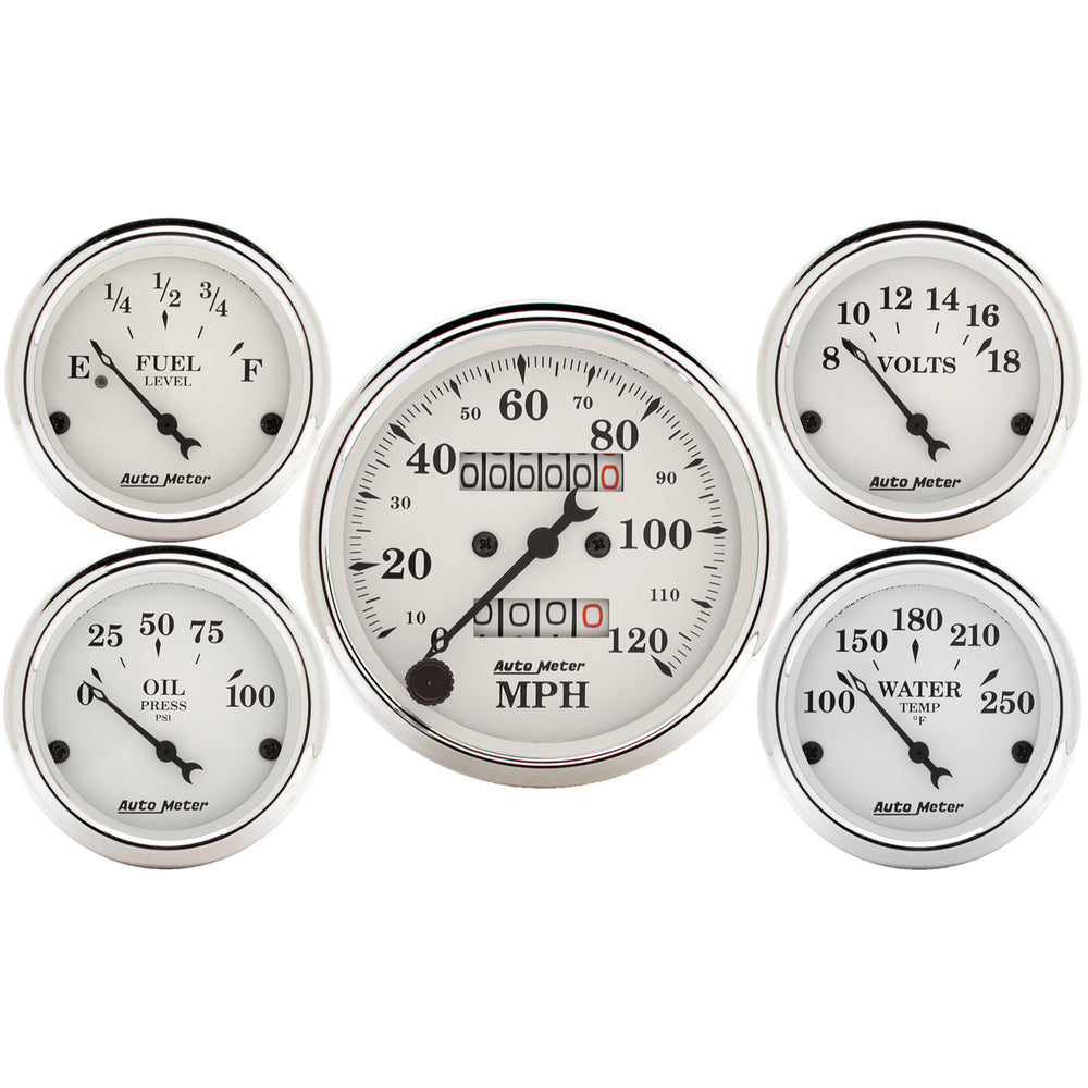 GAUGE KIT, 5 PC., 3 1/8in & 2 1/16in, MECH. SPEEDOMETER, OLD TYME WHITE