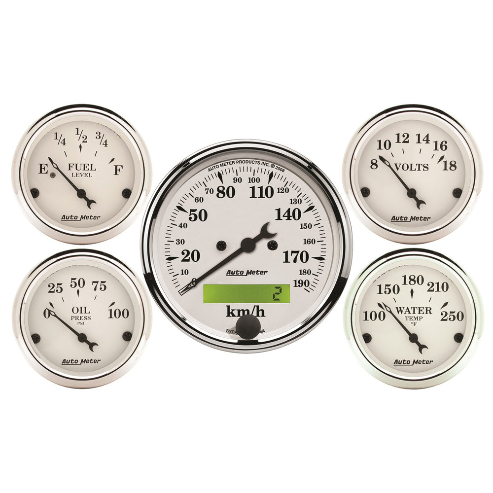 GAUGE KIT, 5 PC., 3 1/8in & 2 1/16in, ELEC. KM/H SPEEDOMETER, OLD TYME WHITE
