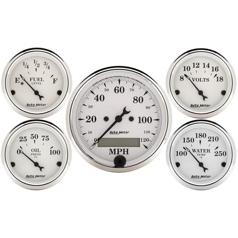 GAUGE KIT, 5 PC., 3 1/8in & 2 1/16in, ELEC. SPEEDOMETER, OLD TYME WHITE