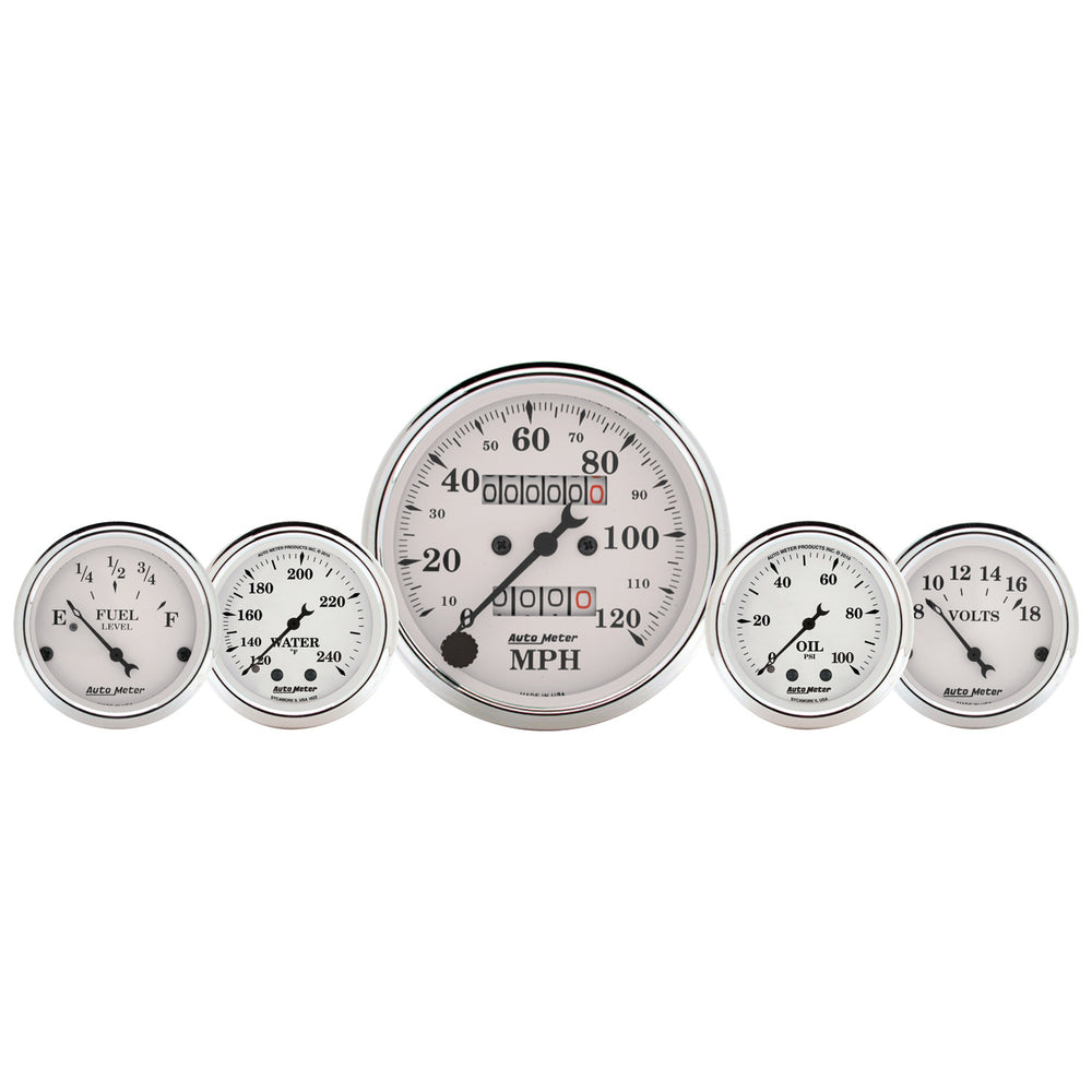 GAUGE KIT, 5 PC., 3 1/8in & 2 1/16in, MECH. SPEEDO., WTMP & OILP, OLD TYME WHT