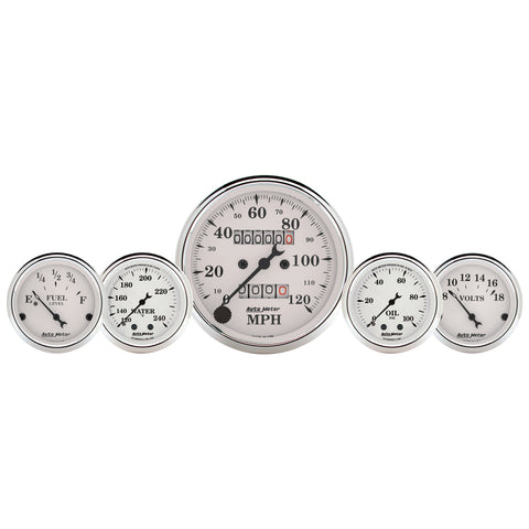 GAUGE KIT, 5 PC., 3 1/8in & 2 1/16in, MECH. SPEEDO., WTMP & OILP, OLD TYME WHT
