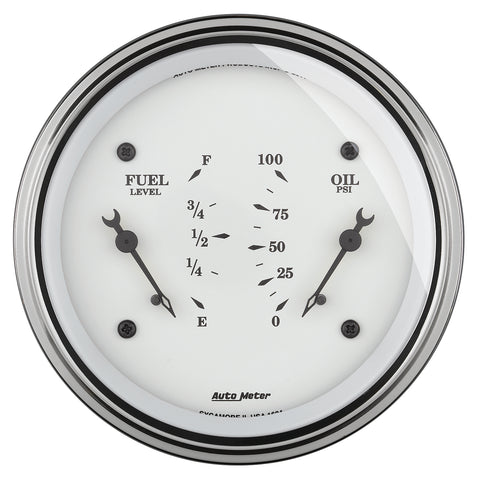 GAUGE, DUAL, FUEL & OILP, 3 3/8in, 240OE-33OF & 100PSI, ELEC, OLD TYME WHT