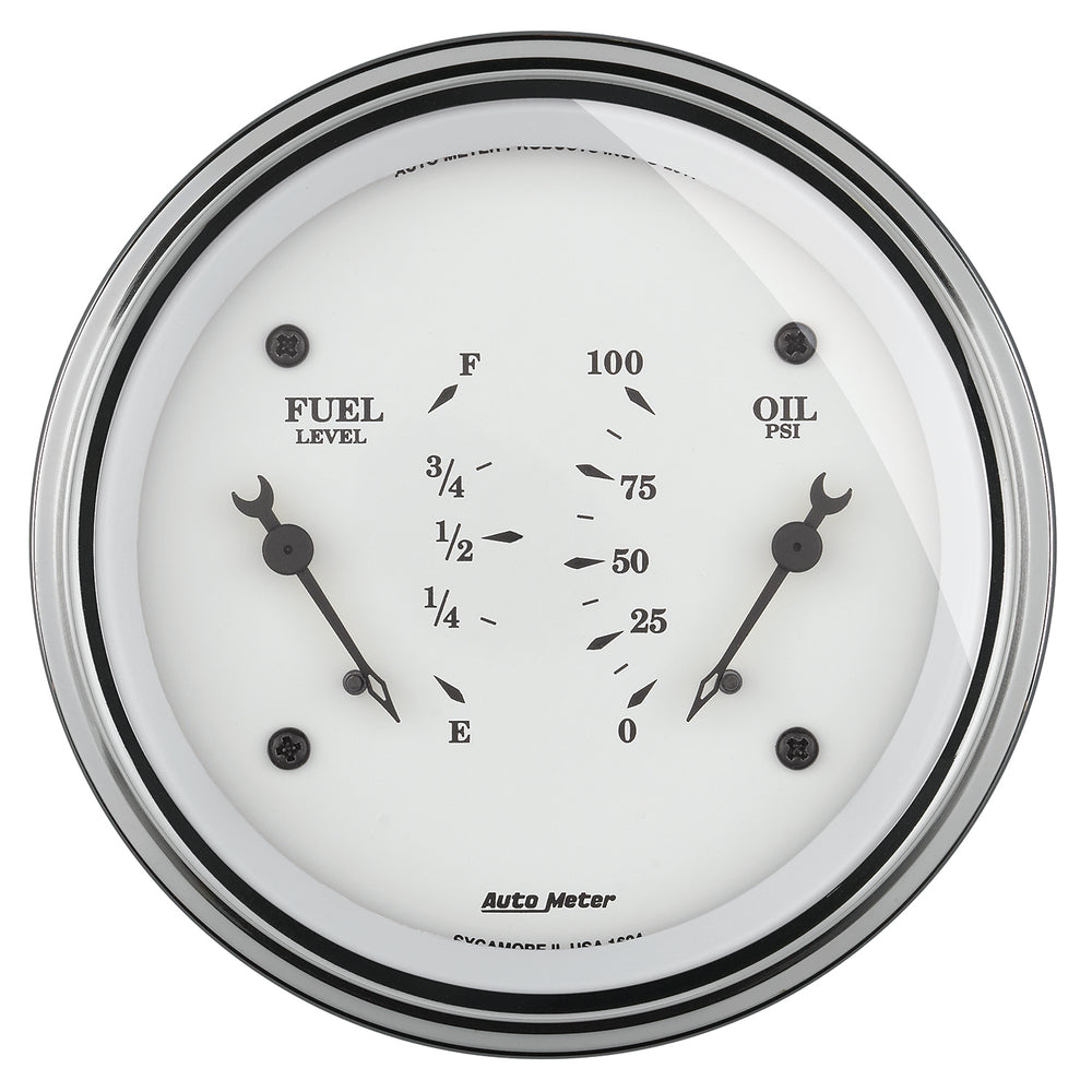 GAUGE, DUAL, FUEL & OILP, 3 3/8in, 0OE-90OF & 100PSI, ELEC, OLD TYME WHITE
