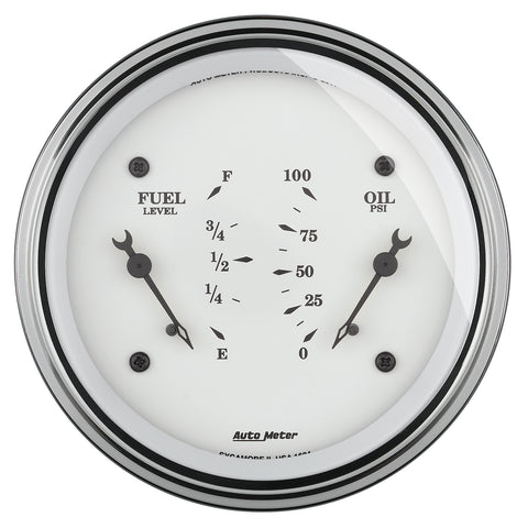 GAUGE, DUAL, FUEL & OILP, 3 3/8in, 0OE-90OF & 100PSI, ELEC, OLD TYME WHITE
