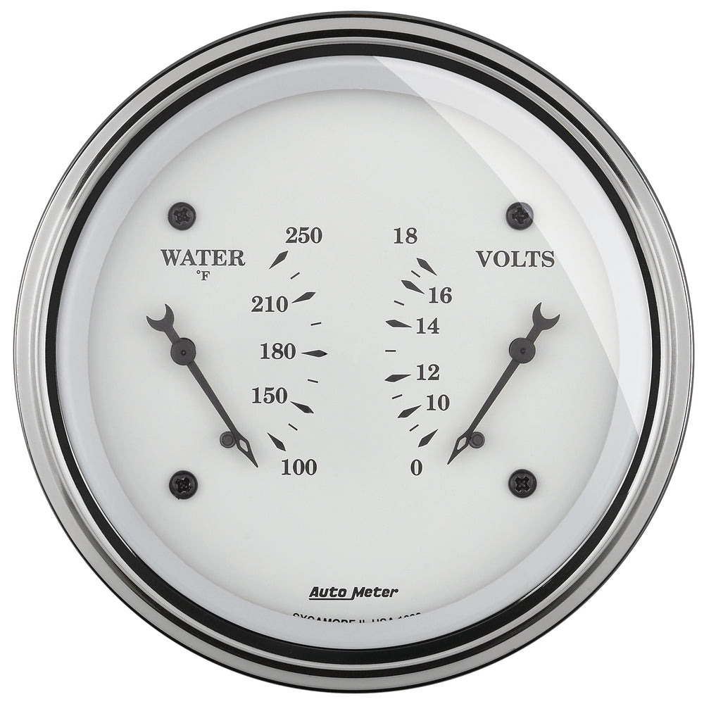 GAUGE, DUAL, WTMP & VOLT, 3 3/8in, 250?F & 18V, ELEC, OLD TYME WHITE
