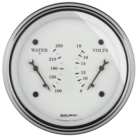 GAUGE, DUAL, WTMP & VOLT, 3 3/8in, 250?F & 18V, ELEC, OLD TYME WHITE