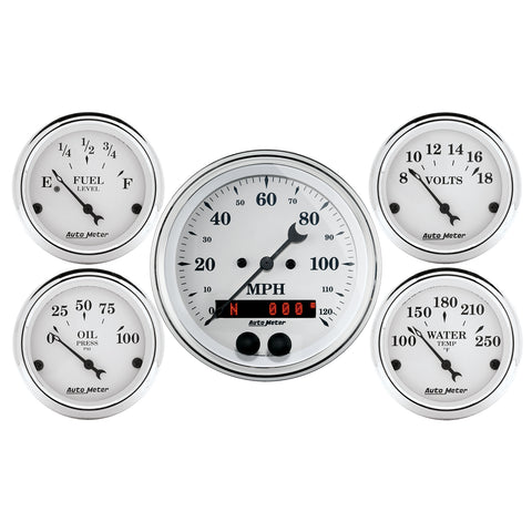 GAUGE KIT, 5 PC., 3 3/8in & 2 1/16in, GPS SPEEDOMETER, OLD TYME WHITE