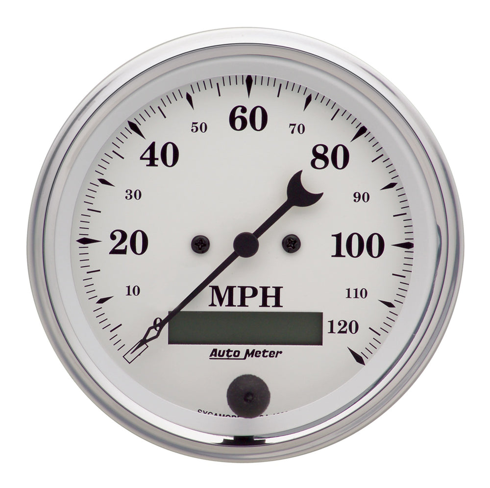 GAUGE, SPEEDO., 3 3/8in, 120MPH, ELEC. PROG. W/ LCD ODO, OLD TYME WHITE