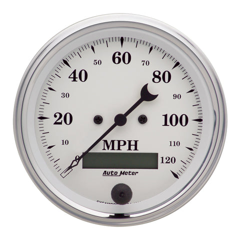 GAUGE, SPEEDO., 3 3/8in, 120MPH, ELEC. PROG. W/ LCD ODO, OLD TYME WHITE