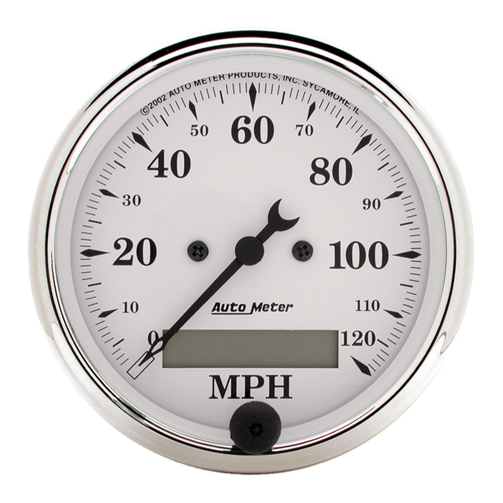 GAUGE, SPEEDO., 3 1/8in, 120MPH, ELEC. PROG. W/ LCD ODO, OLD TYME WHITE