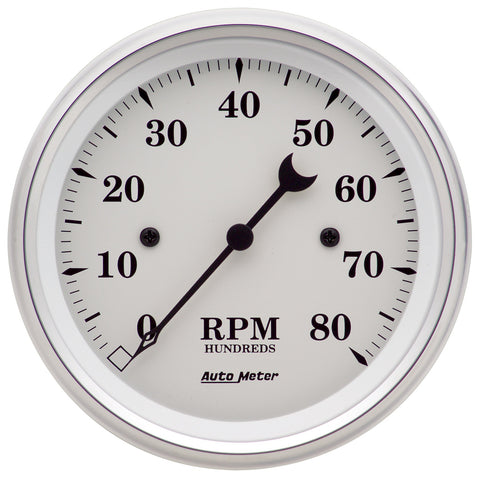 GAUGE, TACHOMETER, 3 3/8in, 8K RPM, IN-DASH, OLD TYME WHITE