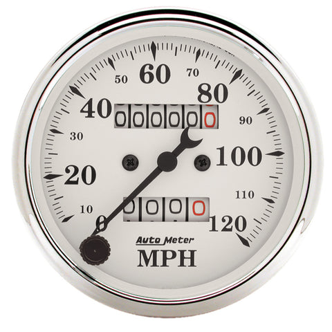 GAUGE, SPEEDOMETER, 3 1/8in, 120MPH, MECHANICAL, OLD TYME WHITE